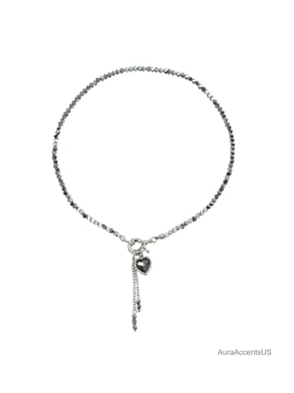 Handmade Black Crystal Heart Pendant Necklace Steel Gray Bead Chain Tassel